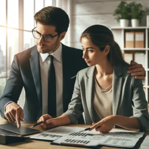 A business consultant and a small business owner reviewing financial documents in a professional office setting, highlighting the importance of accurate bookkeeping and financial management.