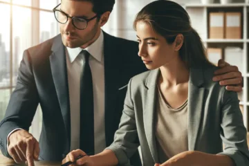 A business consultant and a small business owner reviewing financial documents in a professional office setting, highlighting the importance of accurate bookkeeping and financial management.